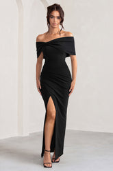 Black Bardot Bow Detail Maxi Dress With Thigh Split